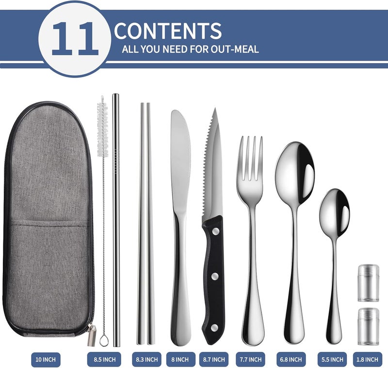 Logcow Travel Utensils with Case,Reusable Utensils,Portable Travel Camping Cutlery Set,Stainless Steel Flatware Set,Lunch Boxes Workplace Camping School Picnic (Sivler) - Image 2